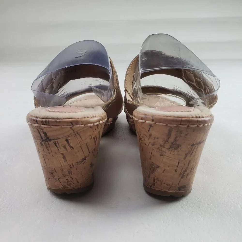Born BOC Cork Wedge Sandal Womens 9 Brown Leather Open Toe Strappy Slip On